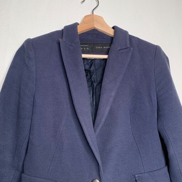 Zara Basic Schoolboy Blazer Knit Navy Blue Womens Sz M Zip Cuffs Single Button - Picture 3 of 10